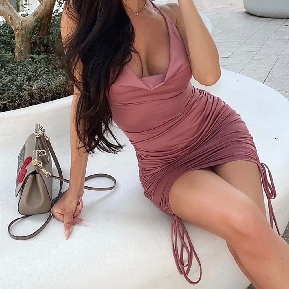 Mauve sexy side adjustable drawstrings dress